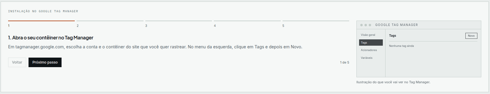 Painel de integração do Sales Grow no passo 1 de 5, com a instrução para abrir o contêiner no Google Tag Manager e uma ilustração da tela de tags ao lado.